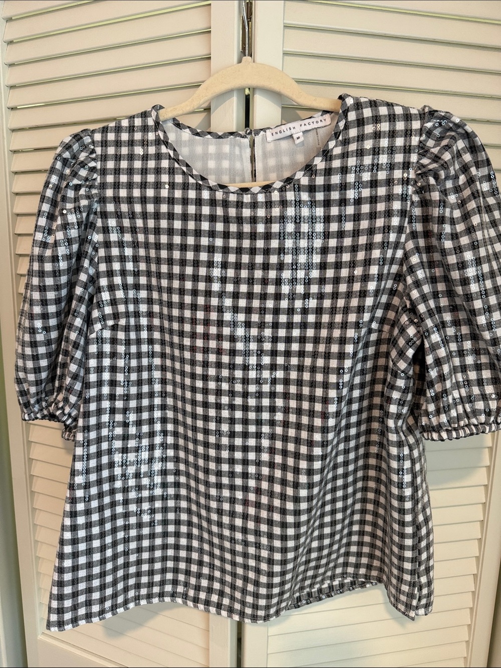 English Factory Black and White Gingham Puff Sleeve Top